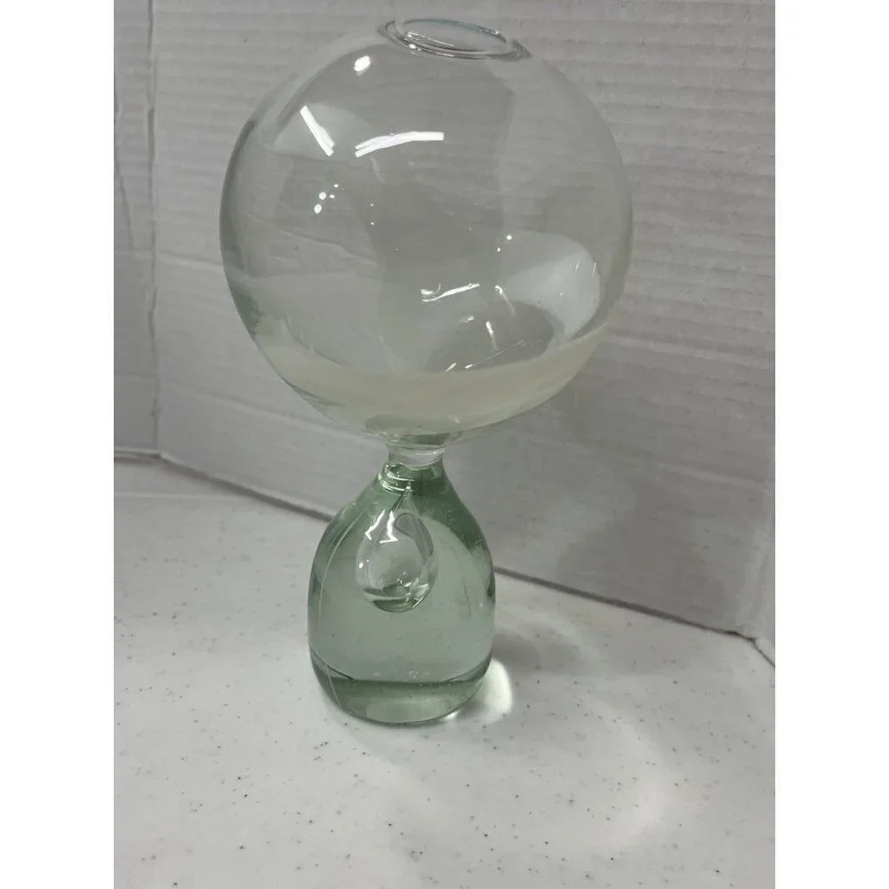 Double Round Vase Green with White Design Rare Vase Style Weighted Bottom